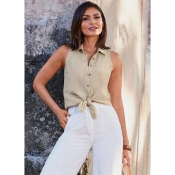 Boston Proper Tops - Boston Proper Size Large Shirt Cream Sleeveless Linen Buttons Collared Preppy